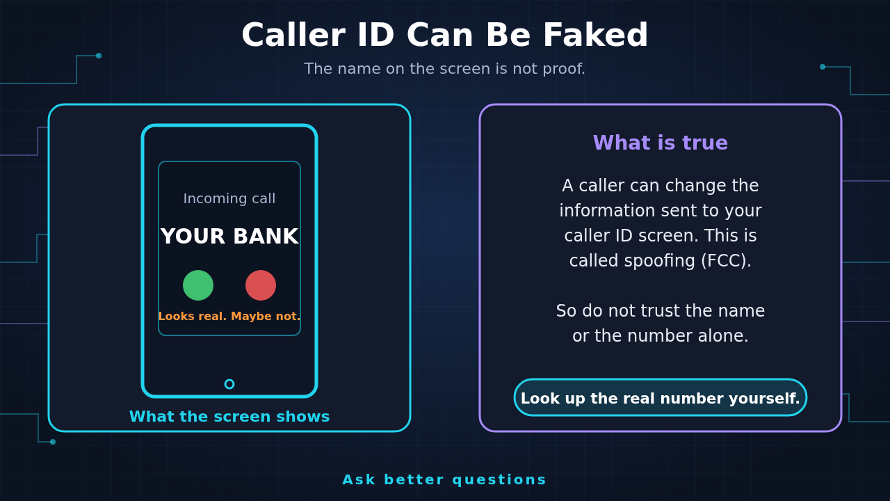 A phone showing an incoming call from YOUR BANK with the note looks real, maybe not, next to a panel explaining that a caller can change the information sent to your caller ID screen, which is called spoofing, so look up the real number yourself