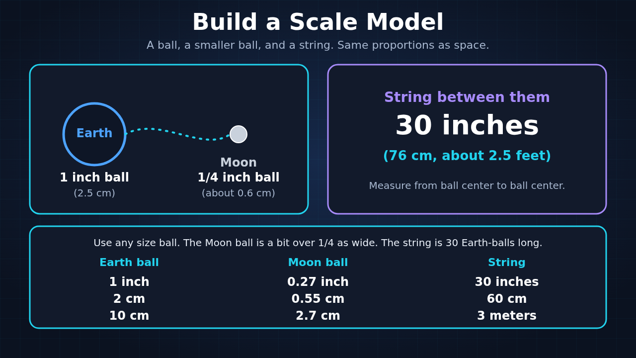 A ball-and-string model: a 1-inch ball for Earth and a 1/4-inch ball for the Moon on a 30-inch string, with a table showing larger versions: Earth 2 centimeters with Moon 0.55 centimeters and 60 centimeters of string, and Earth 10 centimeters with Moon 2.7 centimeters and 3 meters of string