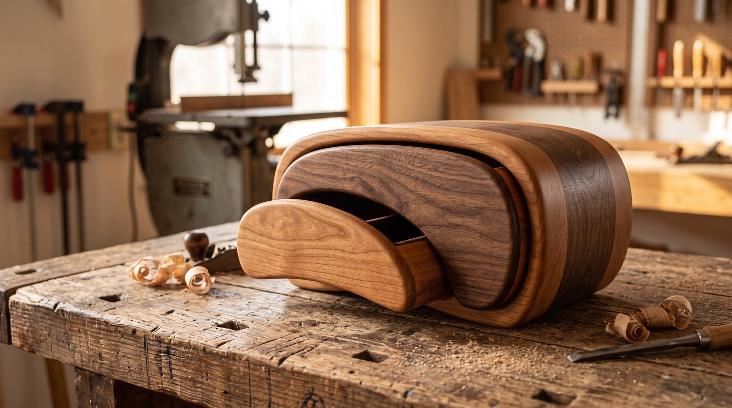 Handmade curved wooden bandsaw jewelry box with open drawer on workshop bench next to bandsaw⁠