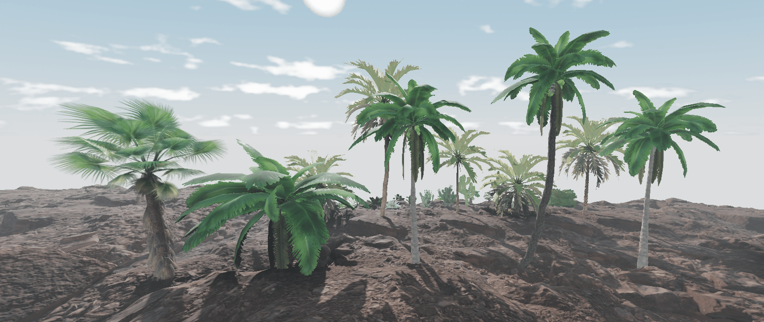 Tall palm trees across a dry desert landscape