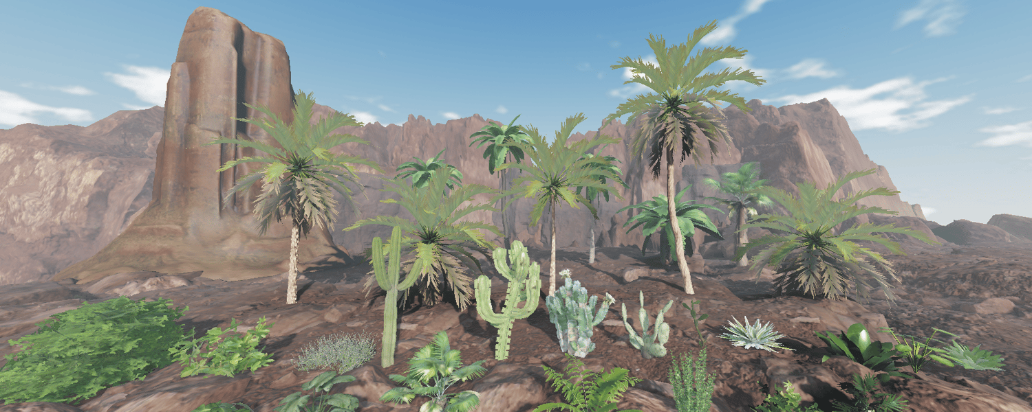 Branching cacti among rugged brown desert rocks