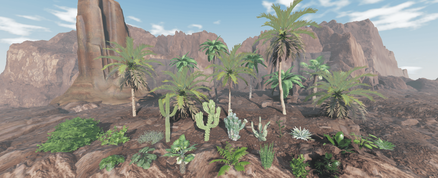 Realistic desert vegetation collection on rocky terrain