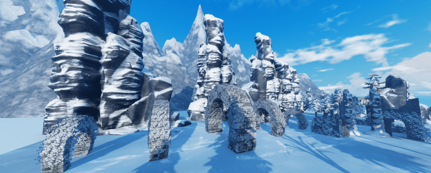 Snow-covered mountain formations for Roblox winter environments