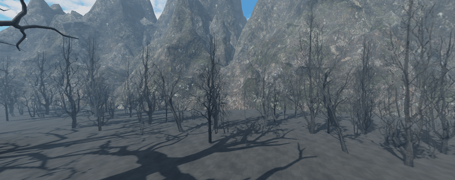 Realistic leafless woodland against rugged mountain scenery