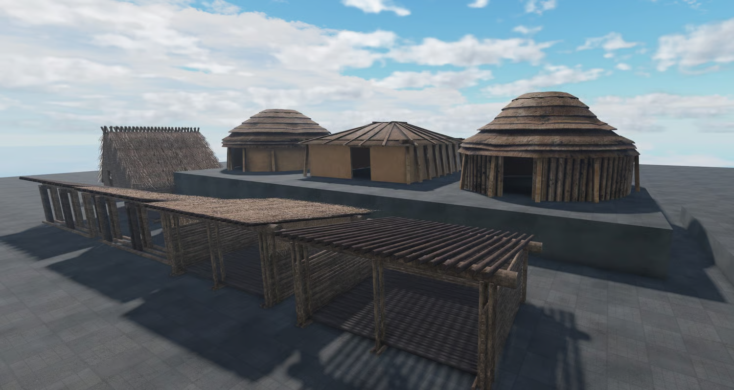 Circular primitive hut with layered wooden roofing