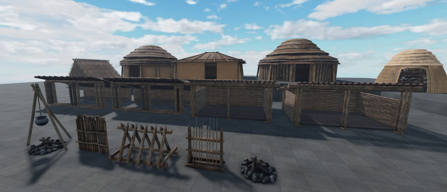 Primitive village huts with thatch mud and stone roofs