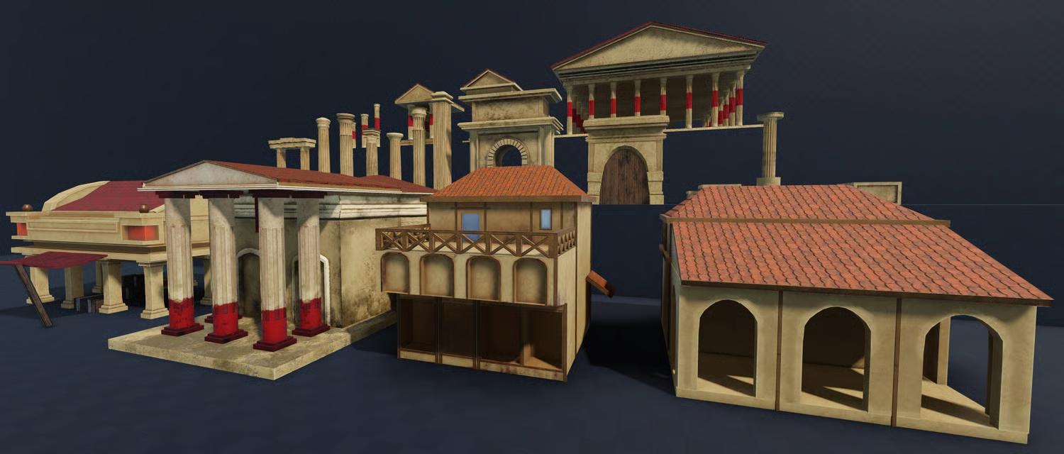 Roman temple architecture with classical columns and pediments