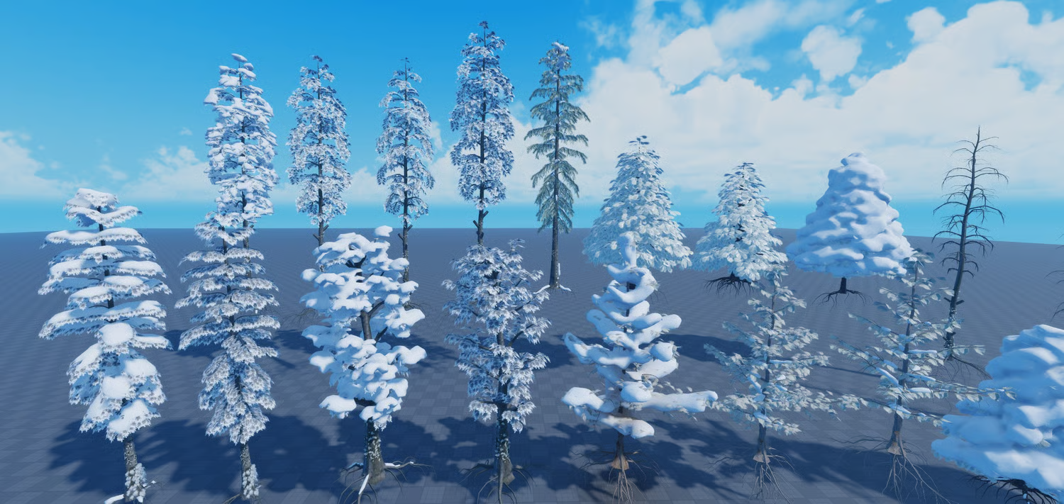 Custom winter vegetation with PBR textures and foliage