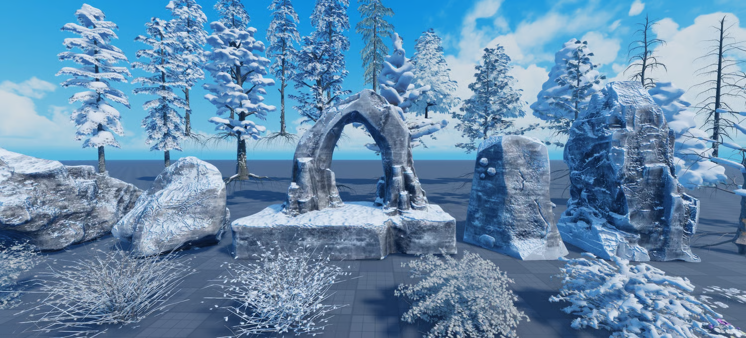 Realistic snow-covered rocks and rugged cliff formations