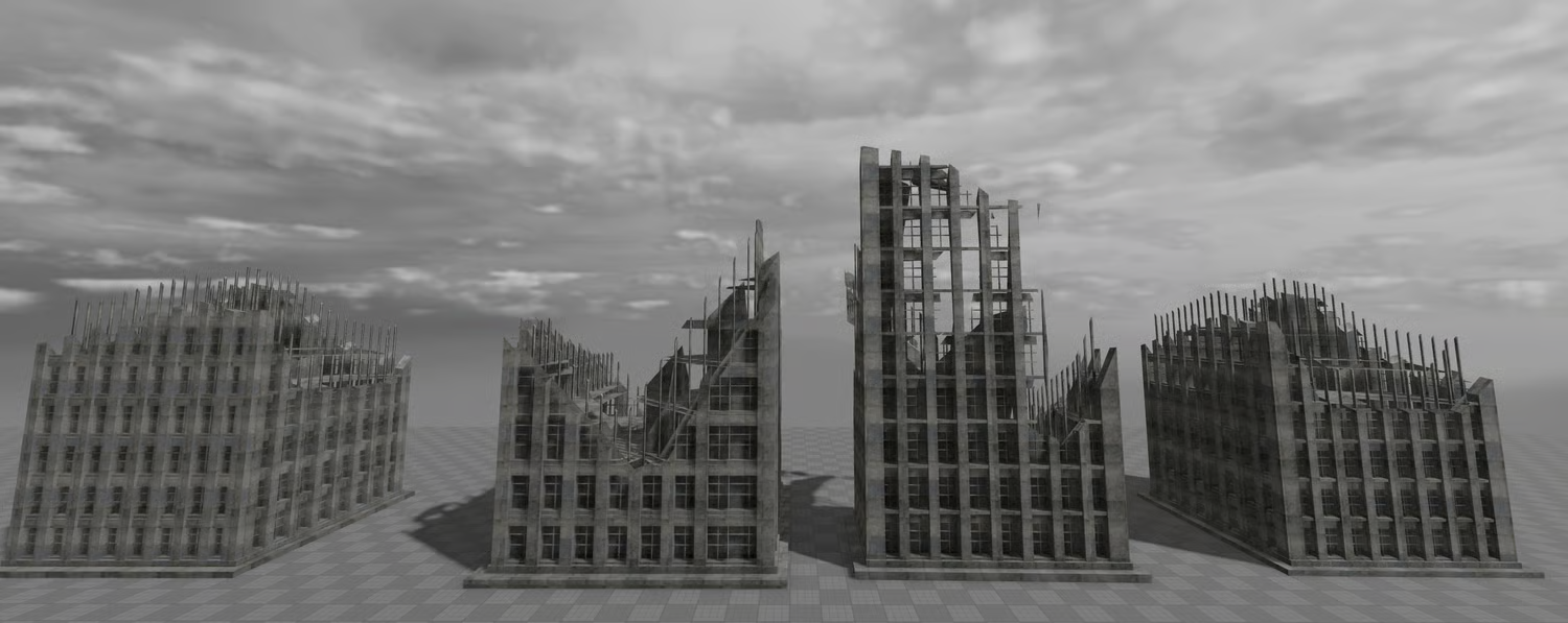 Destroyed WW2 military buildings with damaged walls