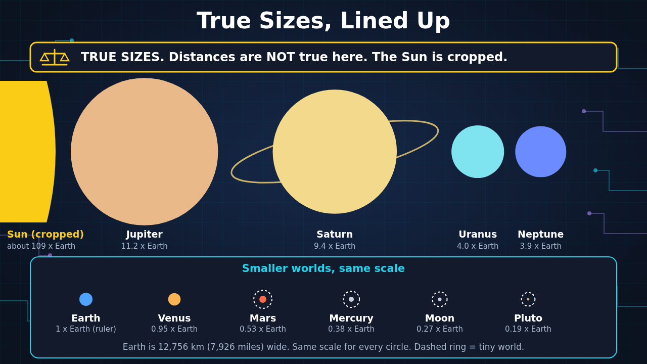 Circles for the worlds drawn at one true scale: the cropped edge of the Sun on the left, then Jupiter 11.2 times as wide as Earth, Saturn 9.4, Uranus 4.0 and Neptune 3.9. A lower row shows smaller worlds: Earth as the ruler, Venus 0.95, Mars 0.53, Mercury 0.38, the Moon 0.27 and Pluto 0.19. Tiny worlds have dashed rings so you can find them. A top bar says True sizes, distances are not true here