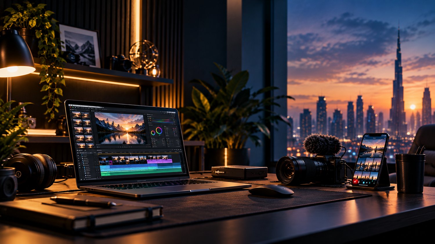 Modern digital creator workspace featuring video editing software, camera equipment, and a Dubai skyline at sunset, representing ITSCHRISBER AI tools and digital resources.