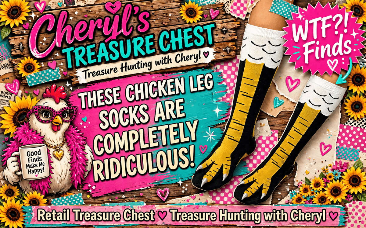 Clucky Diva, a cartoon chicken in hot-pink leopard glasses and feather boa, beside yellow chicken-leg novelty socks with 3D talon feet. Text reads Chicken Leg Socks with Retail Treasure Chest branding.