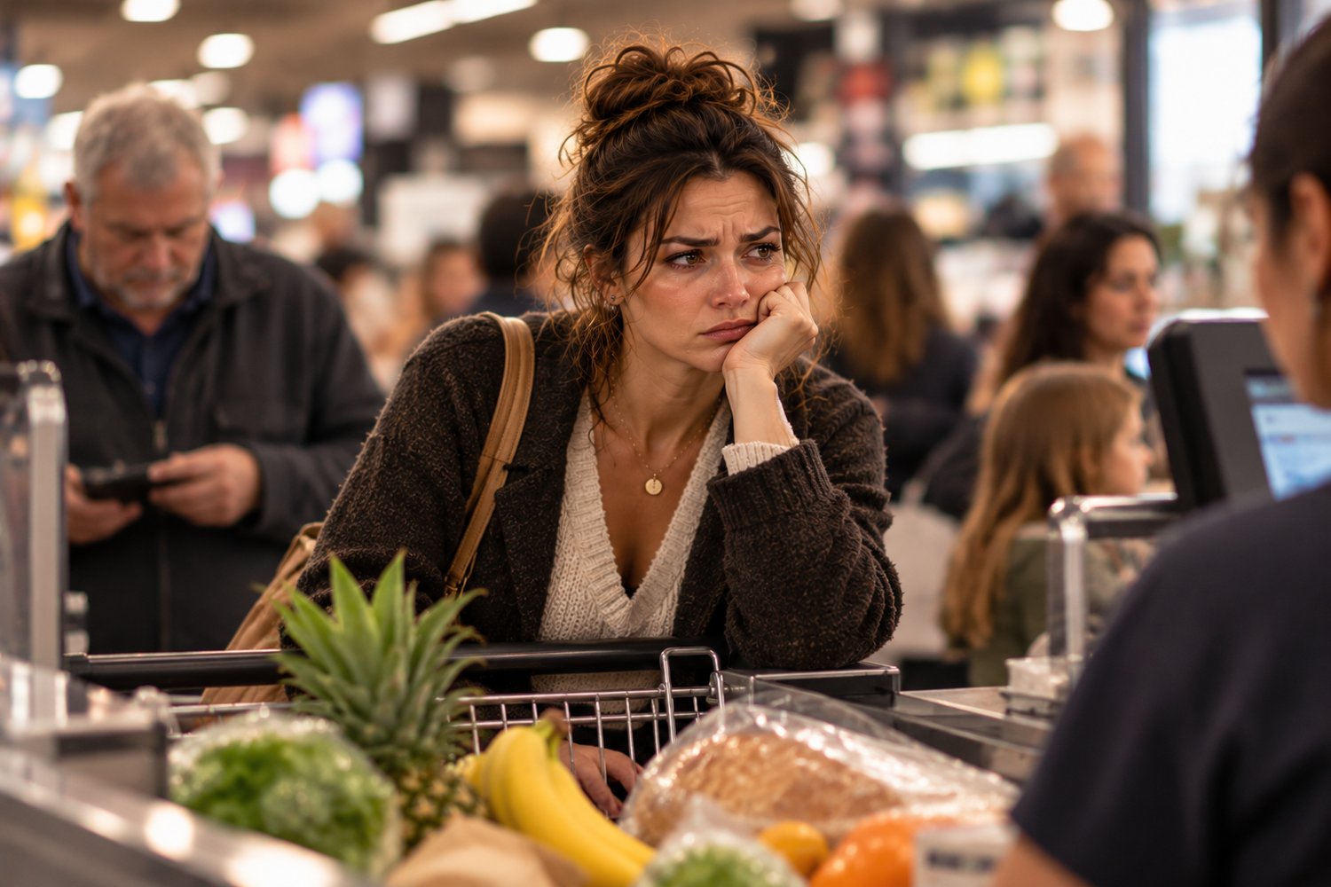 A frustrated woman waiting in a crowded grocery store checkout line, feeling irritated and overwhelmed by everyday situations.