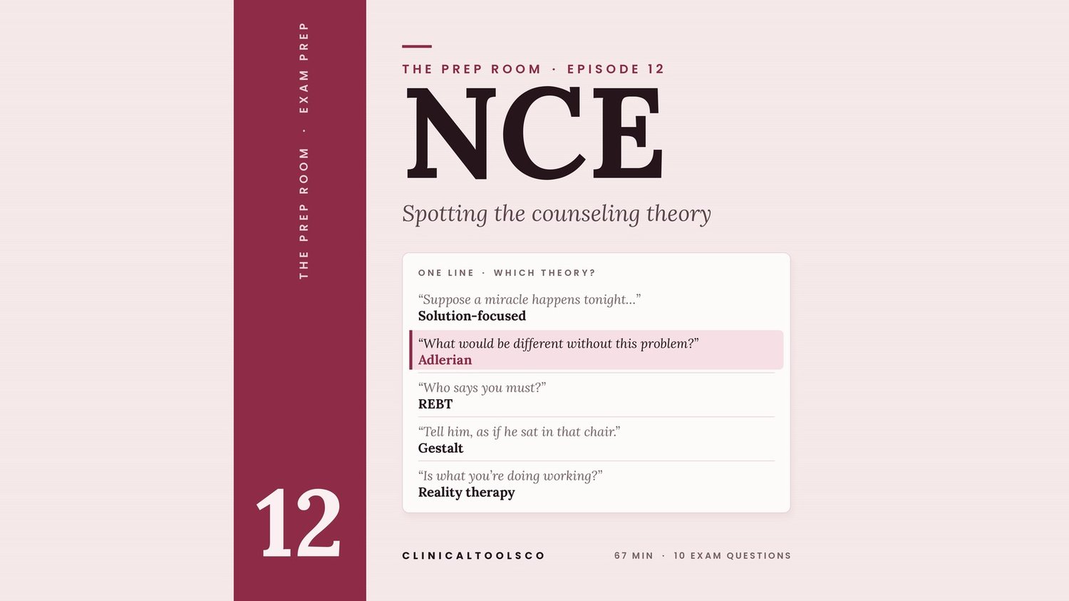 The Prep Room Episode 12 cover: NCE. Spotting the counseling theory.