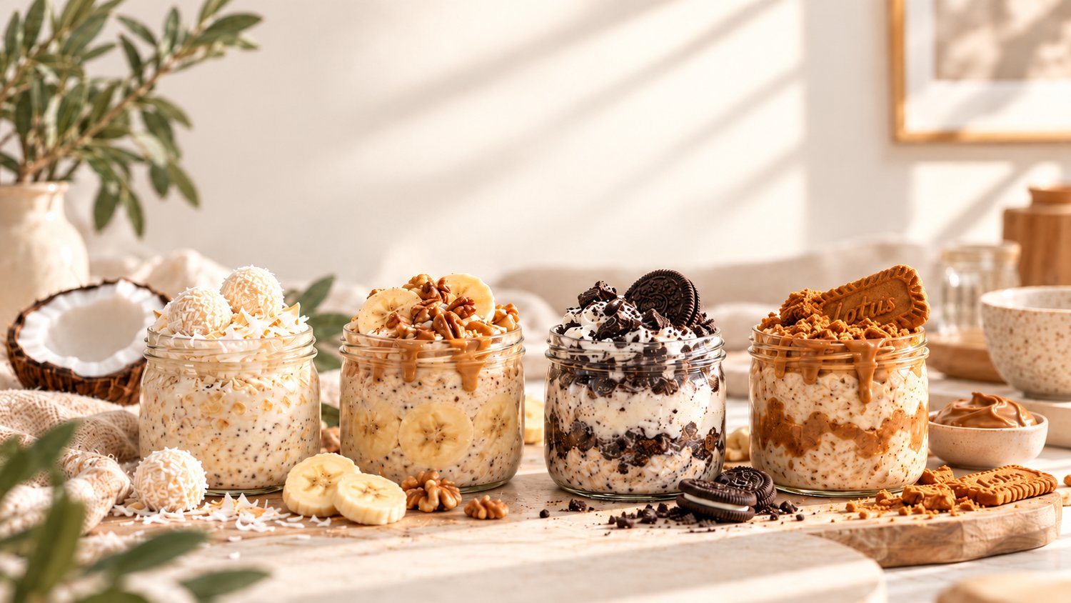 Four high-protein overnight oats flavors coconut almond, banana peanut butter, Oreo cheesecake and Lotus Biscoff.