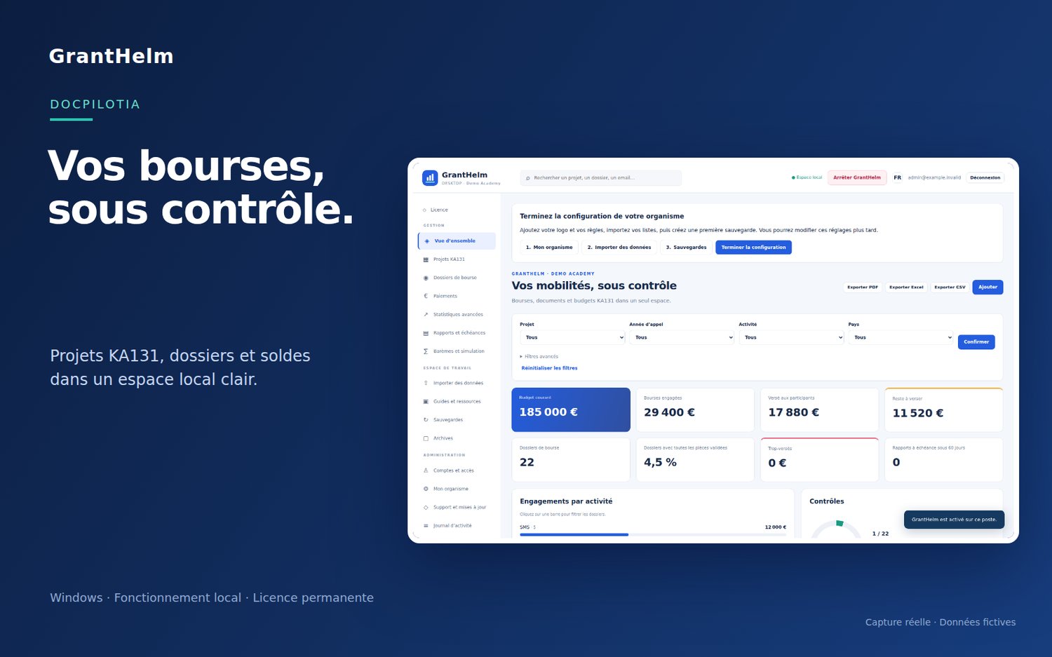 Tableau de bord GrantHelm : bourses et budgets Erasmus+ KA131, données fictives
