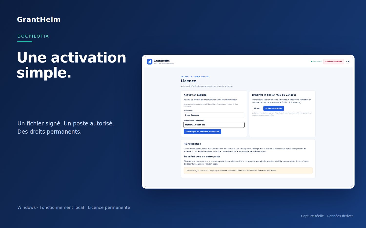 Activation de la licence GrantHelm par fichier signé, exemple fictif