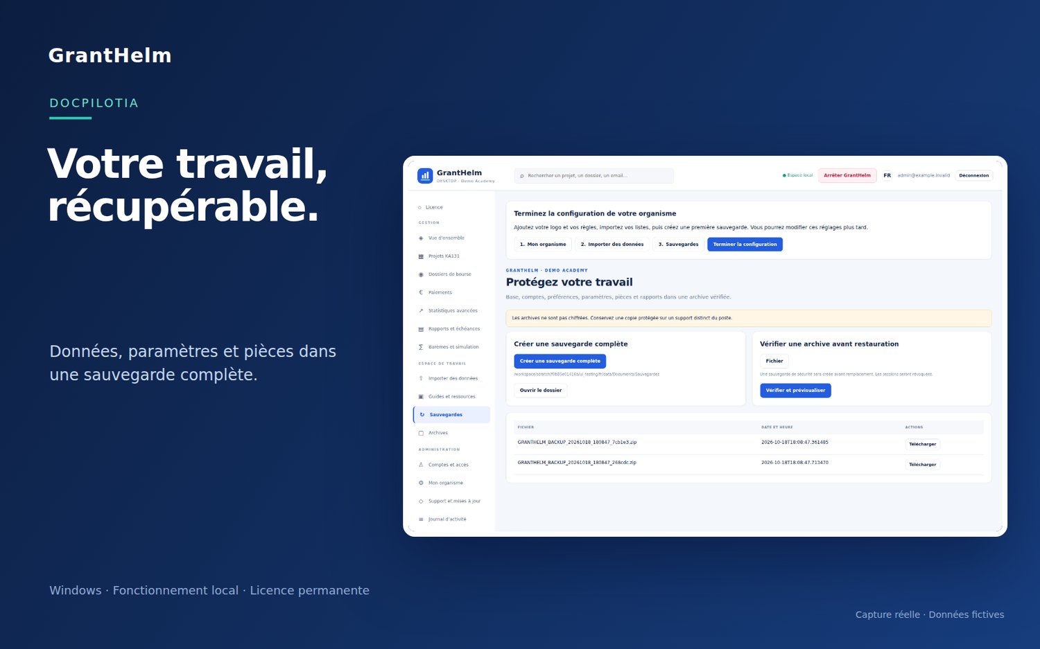 Sauvegarde complète et vérification d’une archive GrantHelm avant restauration