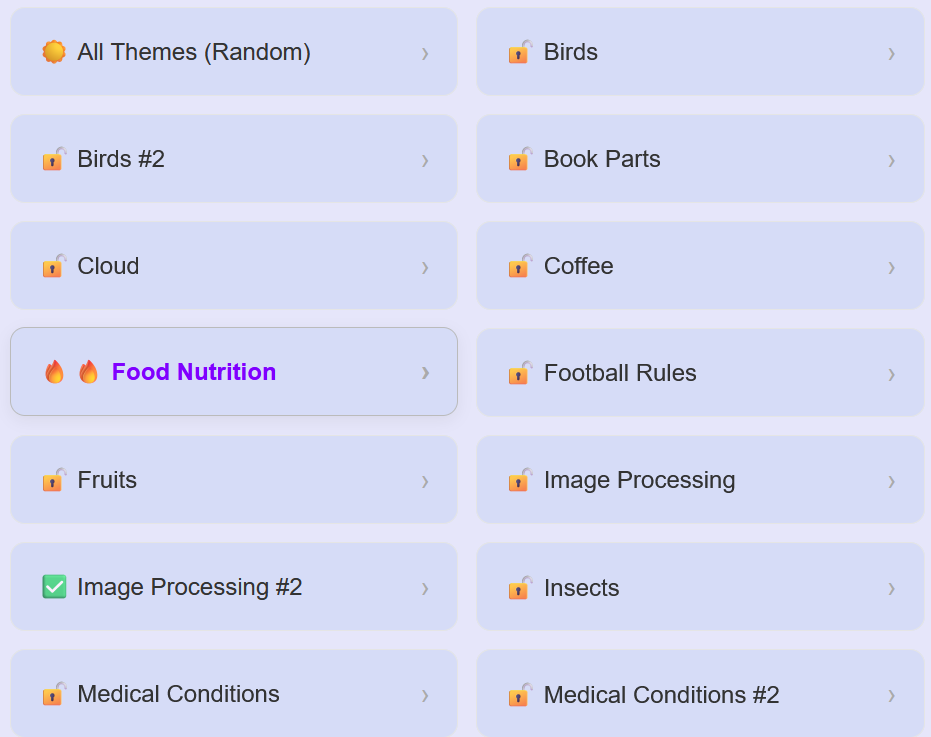 New features in Hidden Word Quiz: All Themes (Random) and badge upgrades for repeated puzzle completions