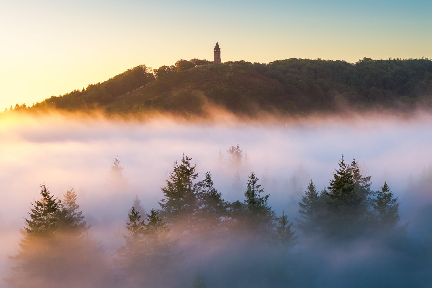 Himmelbjerget Sky mountain aerial drone mavic 4 pro denmark sunrise fog foggy atmosphere golden hour tower jutland 18