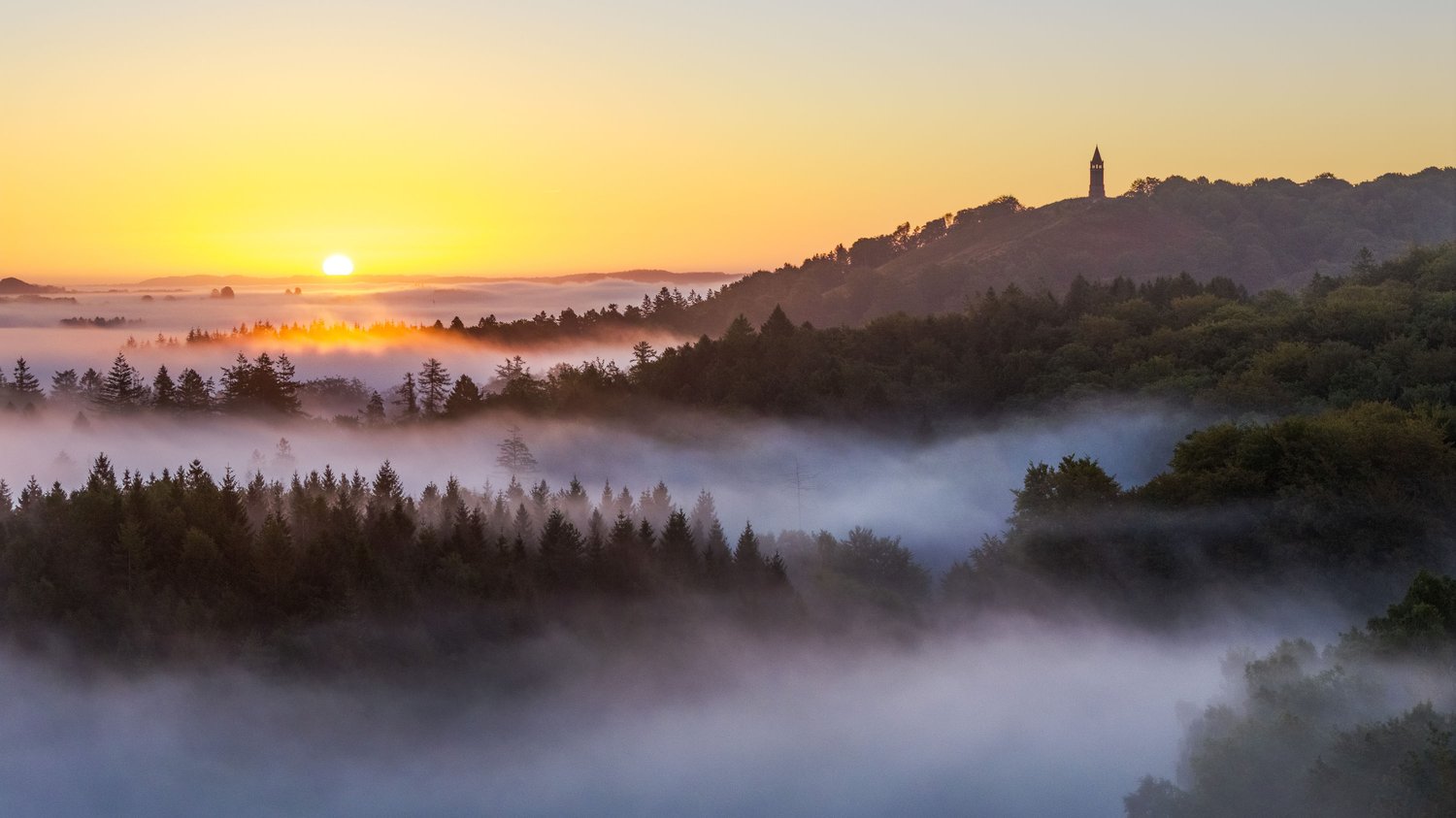 Himmelbjerget Sky mountain aerial drone mavic 4 pro denmark sunrise fog foggy atmosphere golden hour tower jutland 10