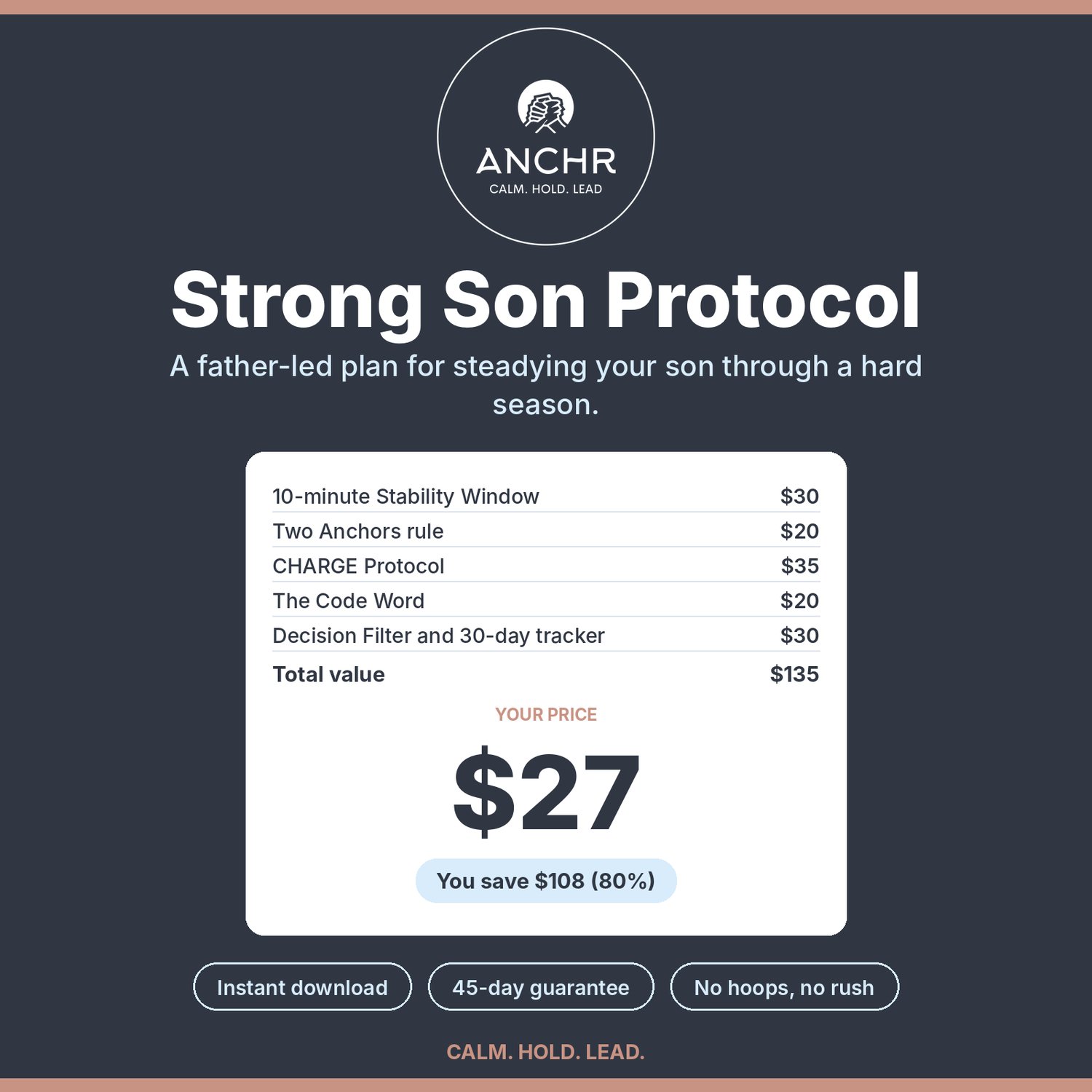 ANCHr Strong Son Protocol product cover, $27, includes 10-minute Stability Window, Two Anchors rule, CHARGE Protocol, instant download with a 45-day guarantee