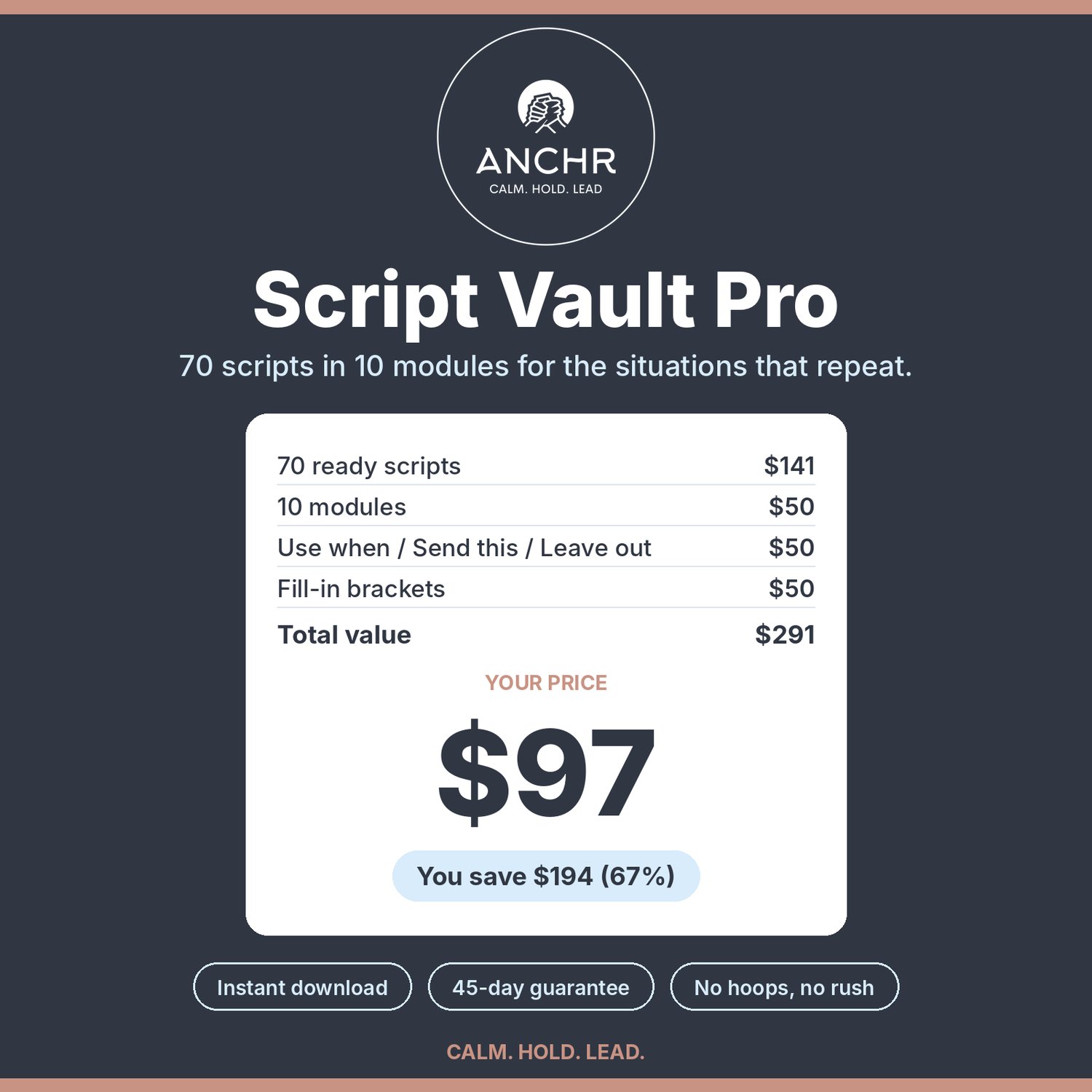 ANCHr Script Vault Pro product cover, $97, includes 70 scripts, 10 modules, Use when / Send this / Leave out, instant download with a 45-day guarantee