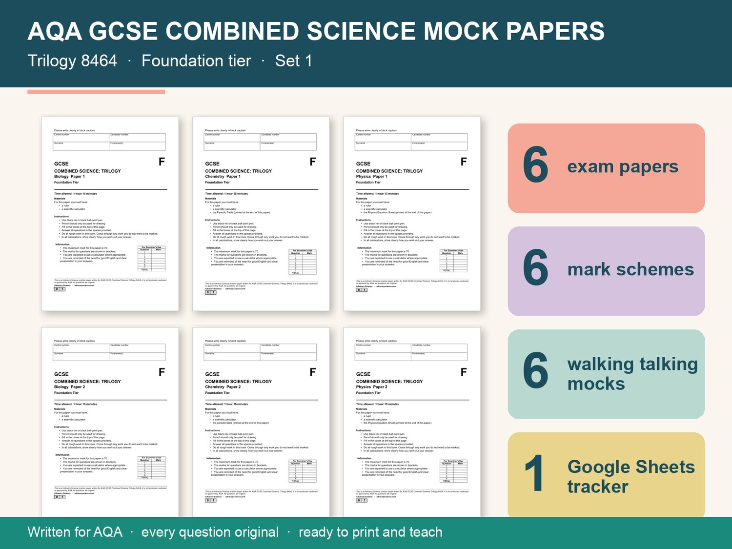 AQA GCSE Combined Science Mock Papers, Foundation Set 1 | 6 Papers, Mark Schemes and Trackers: cover