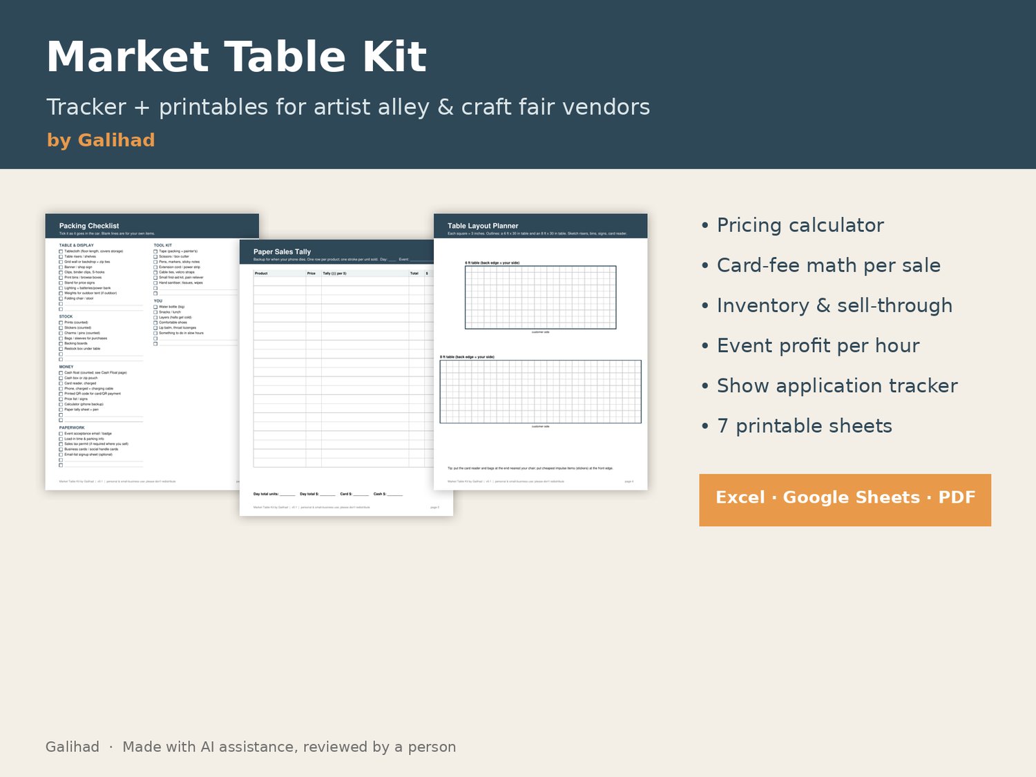 Market Table Kit by Galihad cover showing the packing checklist, sales tally, and table layout printables