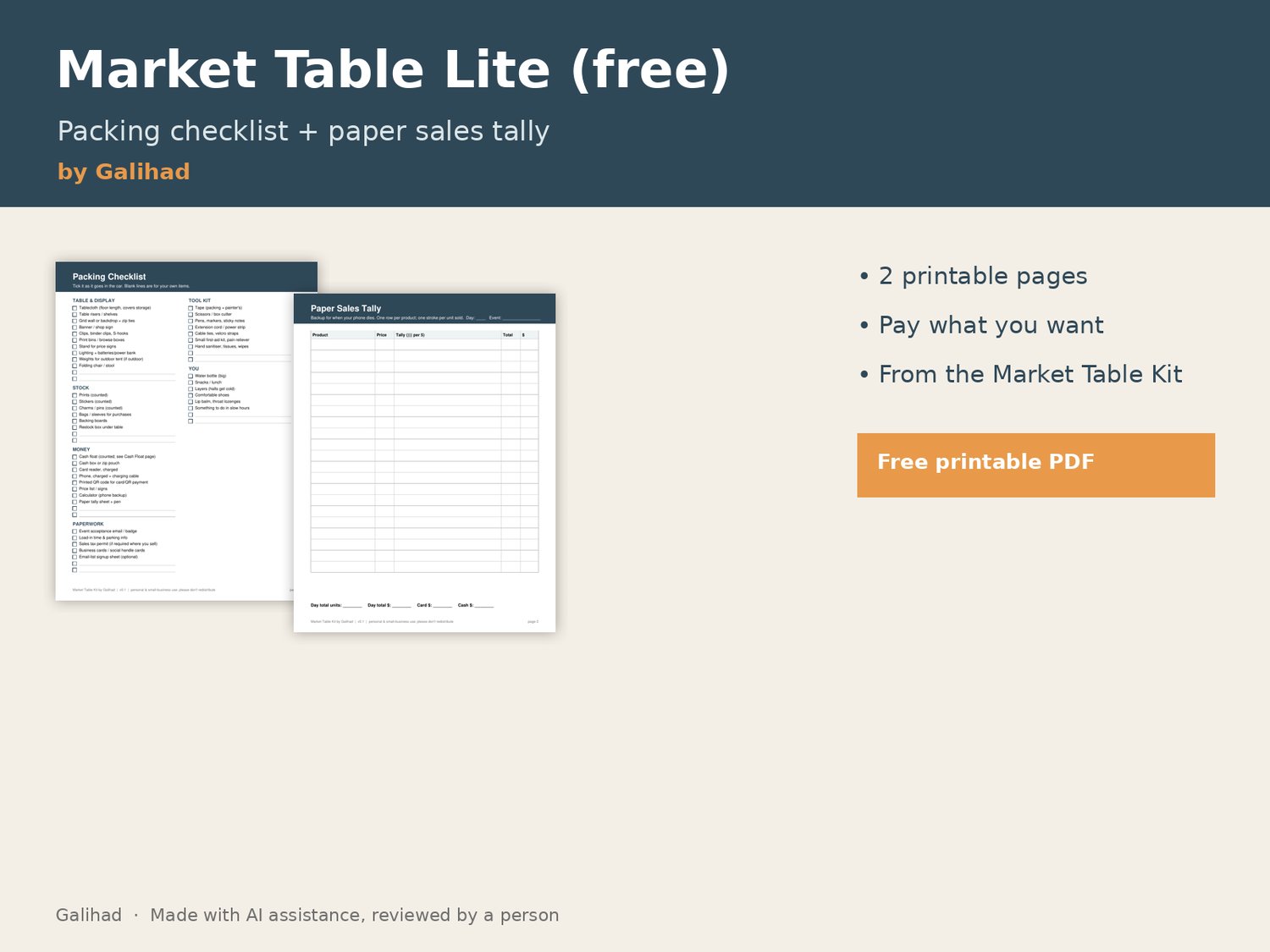 Market Table Lite by Galihad cover: free packing checklist and sales tally