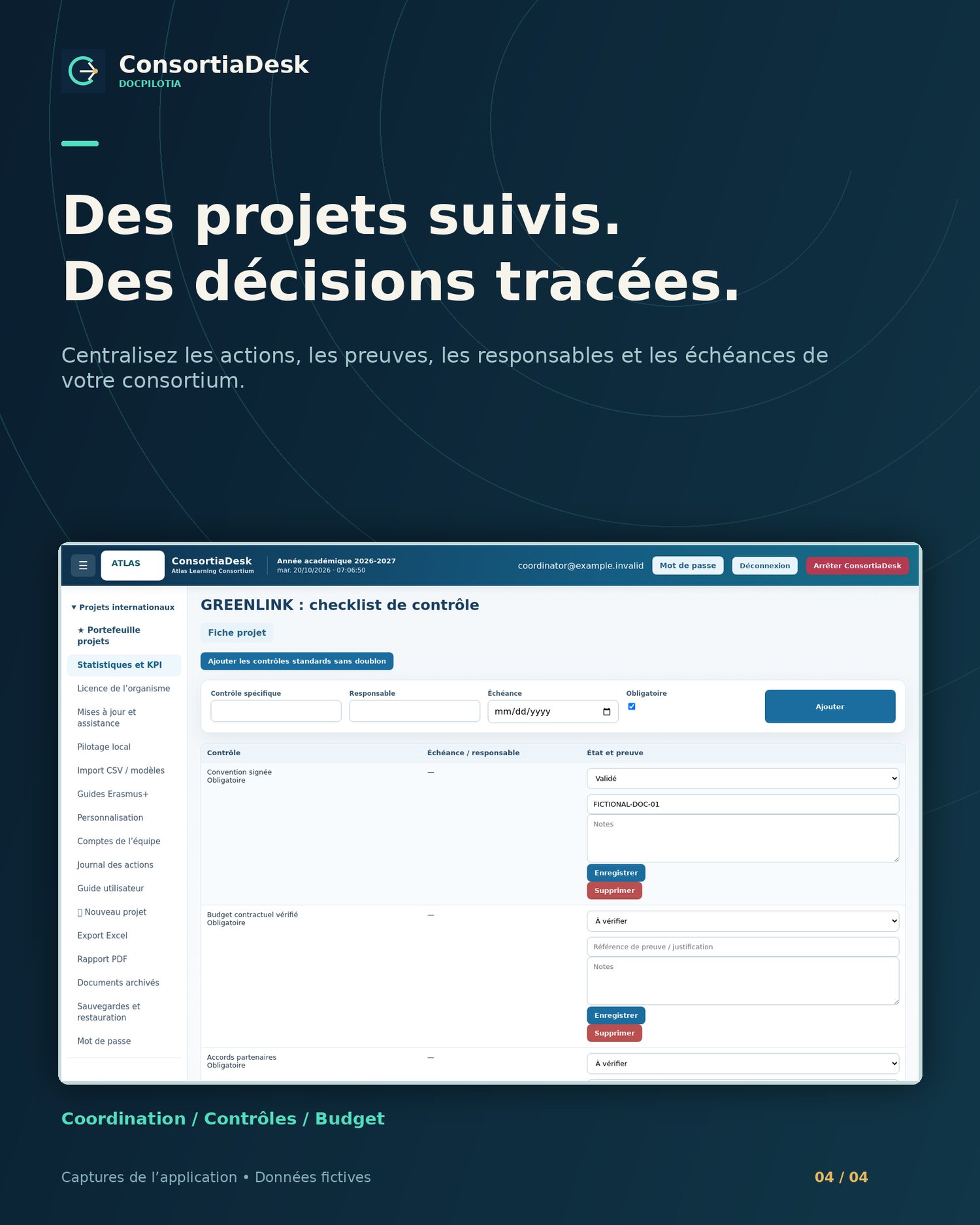 ConsortiaDesk : checklist, responsables, échéances et preuves — données fictives