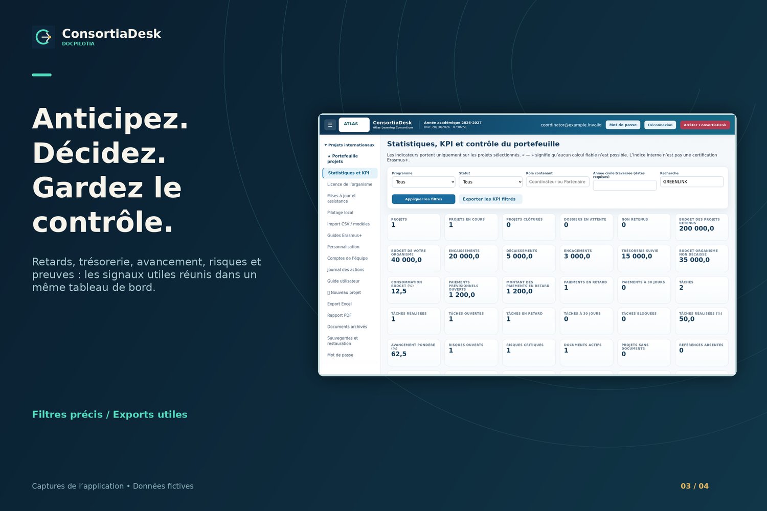 ConsortiaDesk : tableau de bord, KPI et filtres — données fictives