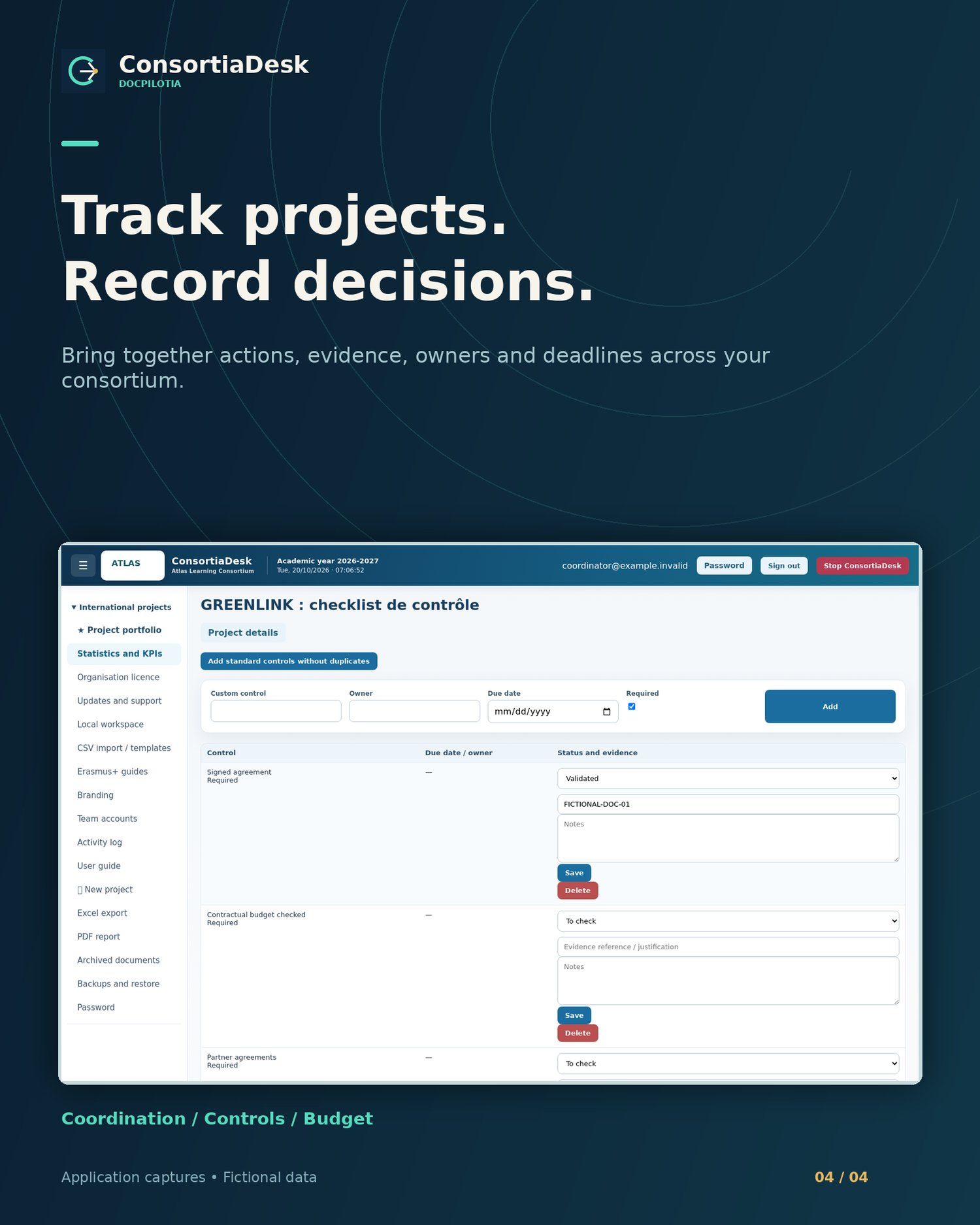 ConsortiaDesk internal checklist, owners, deadlines and evidence — fictional data