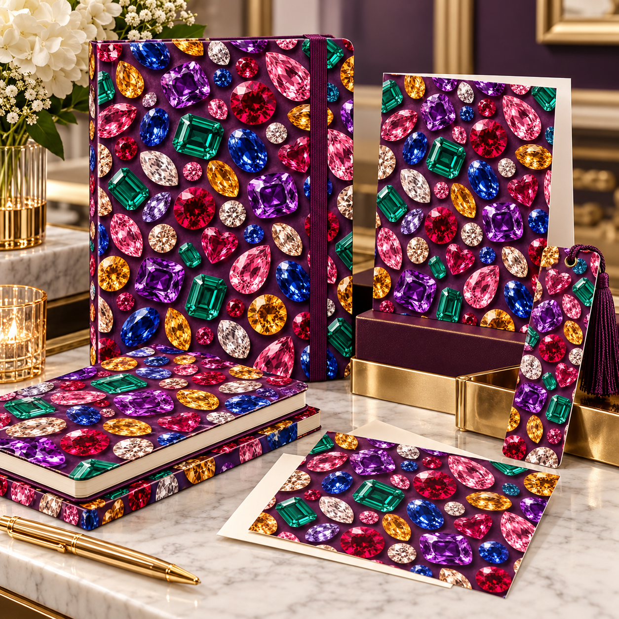 Colorful gemstone design displayed on notebooks, greeting cards, stationery and a decorative bookmark.