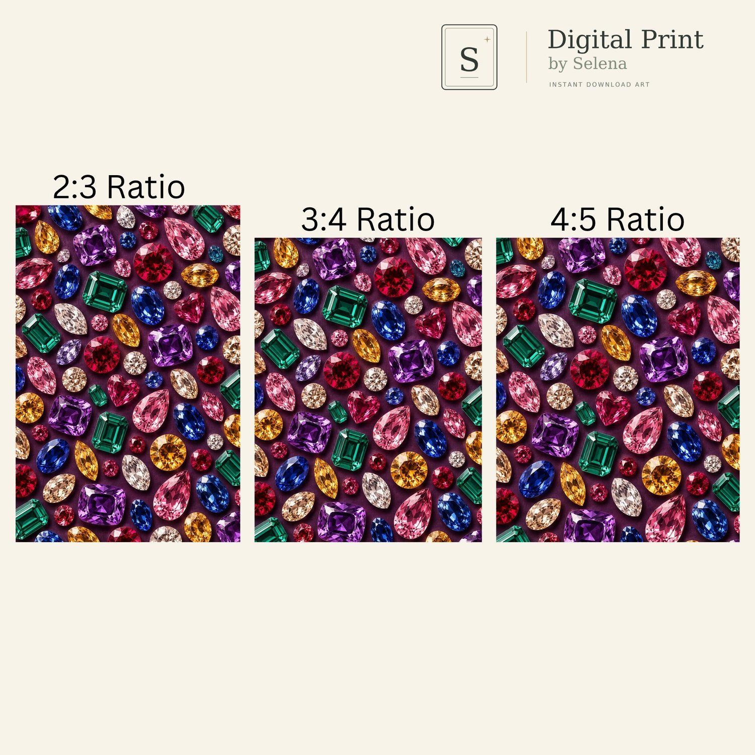 Printable gemstone wall art displayed in 2:3, 3:4 and 4:5 aspect ratios.