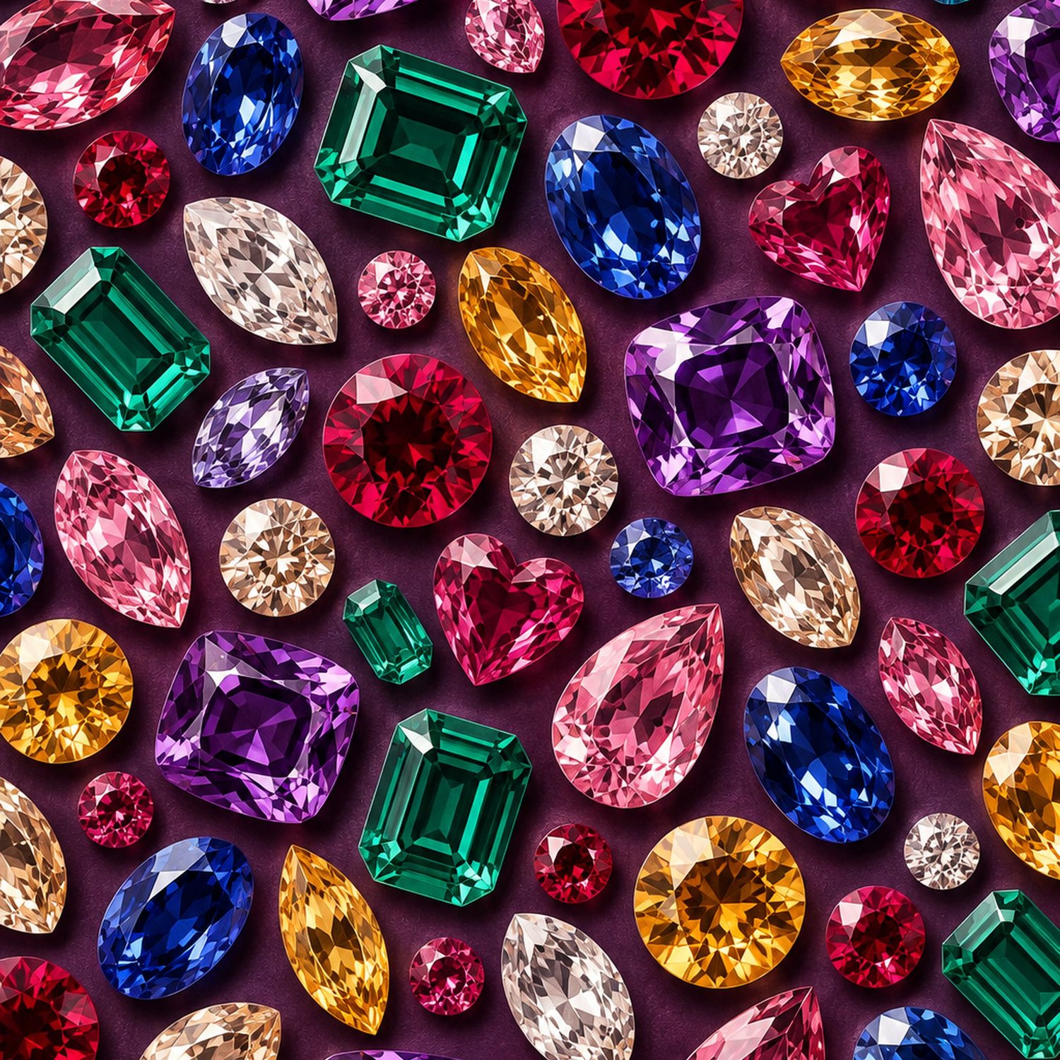Colorful gemstone digital artwork featuring sparkling sapphire blue, emerald green, ruby red, purple, pink and golden jewels on a deep burgundy background.