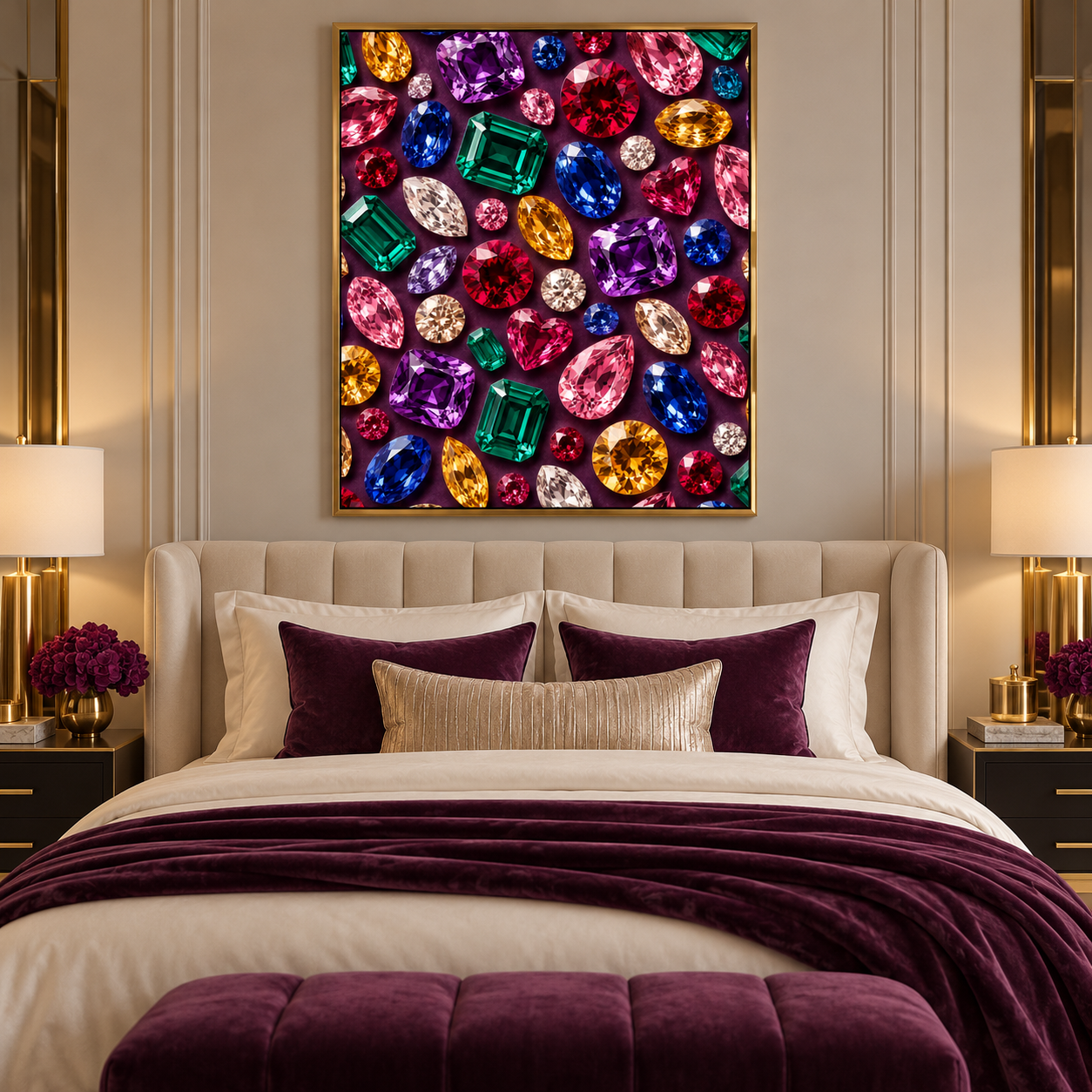 Elegant bedroom with colorful gemstone wall art above an upholstered bed and burgundy velvet bedding.