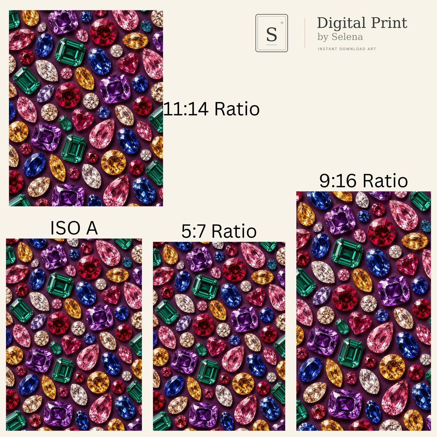 Gemstone digital art print size guide showing 11:14, ISO A, 5:7 and bonus 9:16 formats.