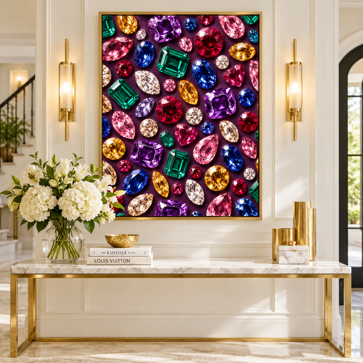 Luxury entryway with framed colorful gemstone wall art above a marble and gold console table.