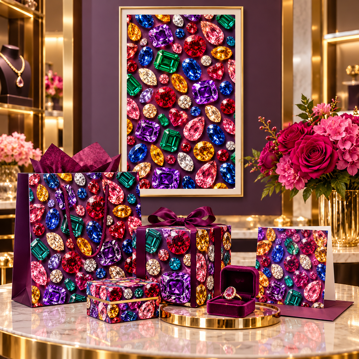 Luxury jewelry boutique featuring framed gemstone artwork and matching decorative gift packaging.