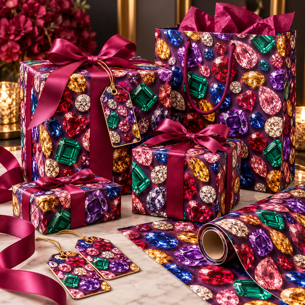 Gemstone-patterned gift boxes, wrapping paper and gift tags finished with burgundy satin ribbons.