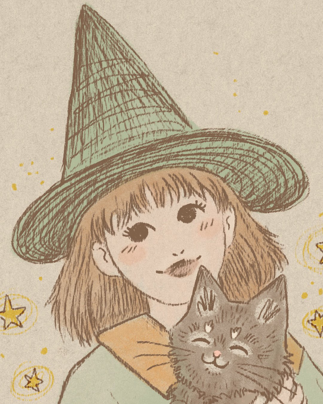 Autumn witch and cat digital drawing with texture procreate brushes