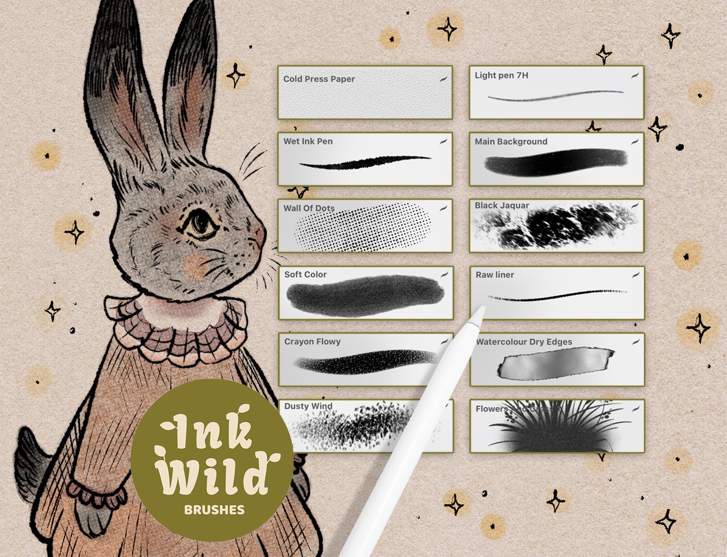 Cute vintage bunny art and Free Procreate texture brushes