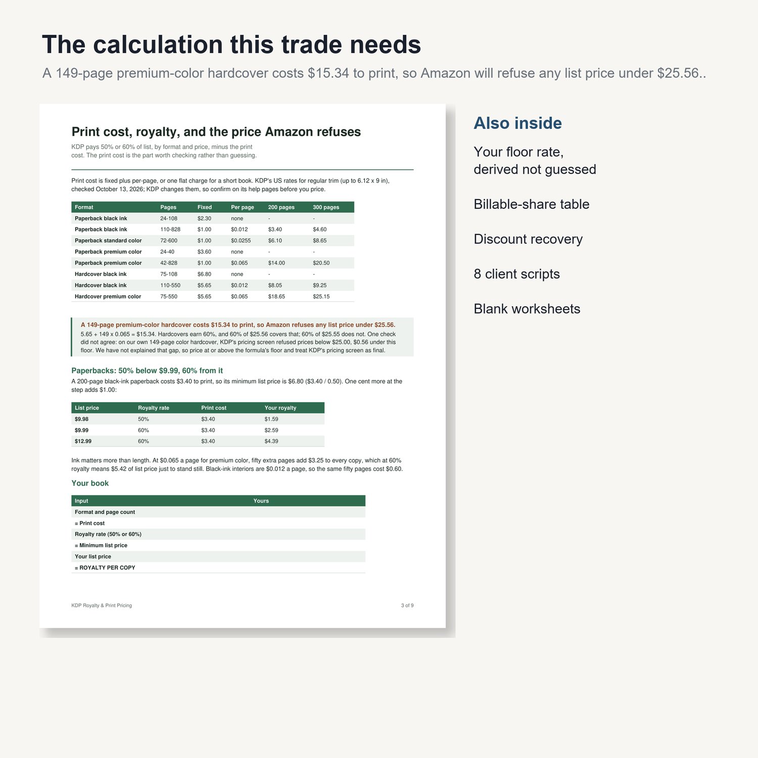 KDP Royalty & Print Pricing: sample page from the printable guide with worked tables