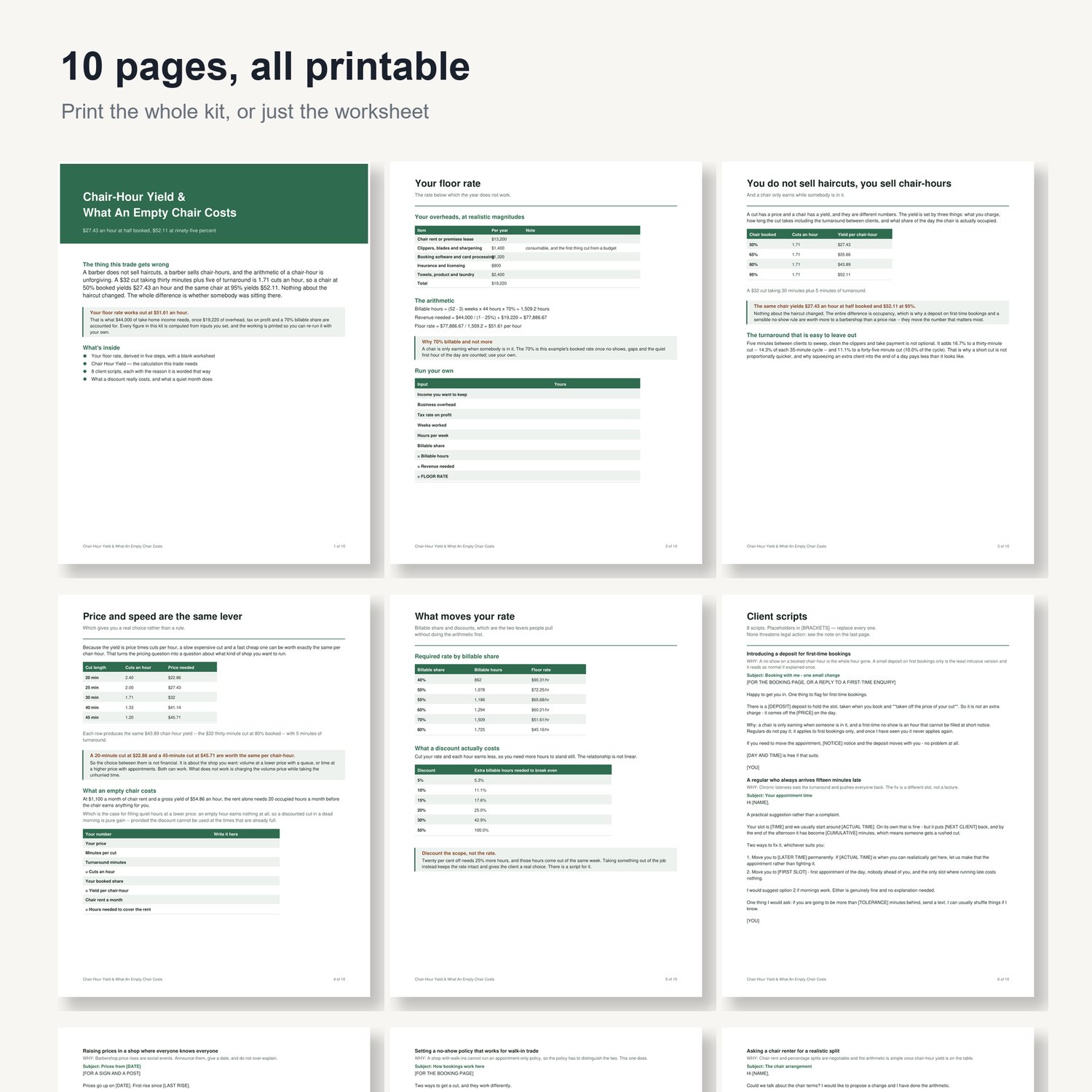 Chair-Hour Yield & What An Empty Chair Costs: preview grid of all 10 printable pages