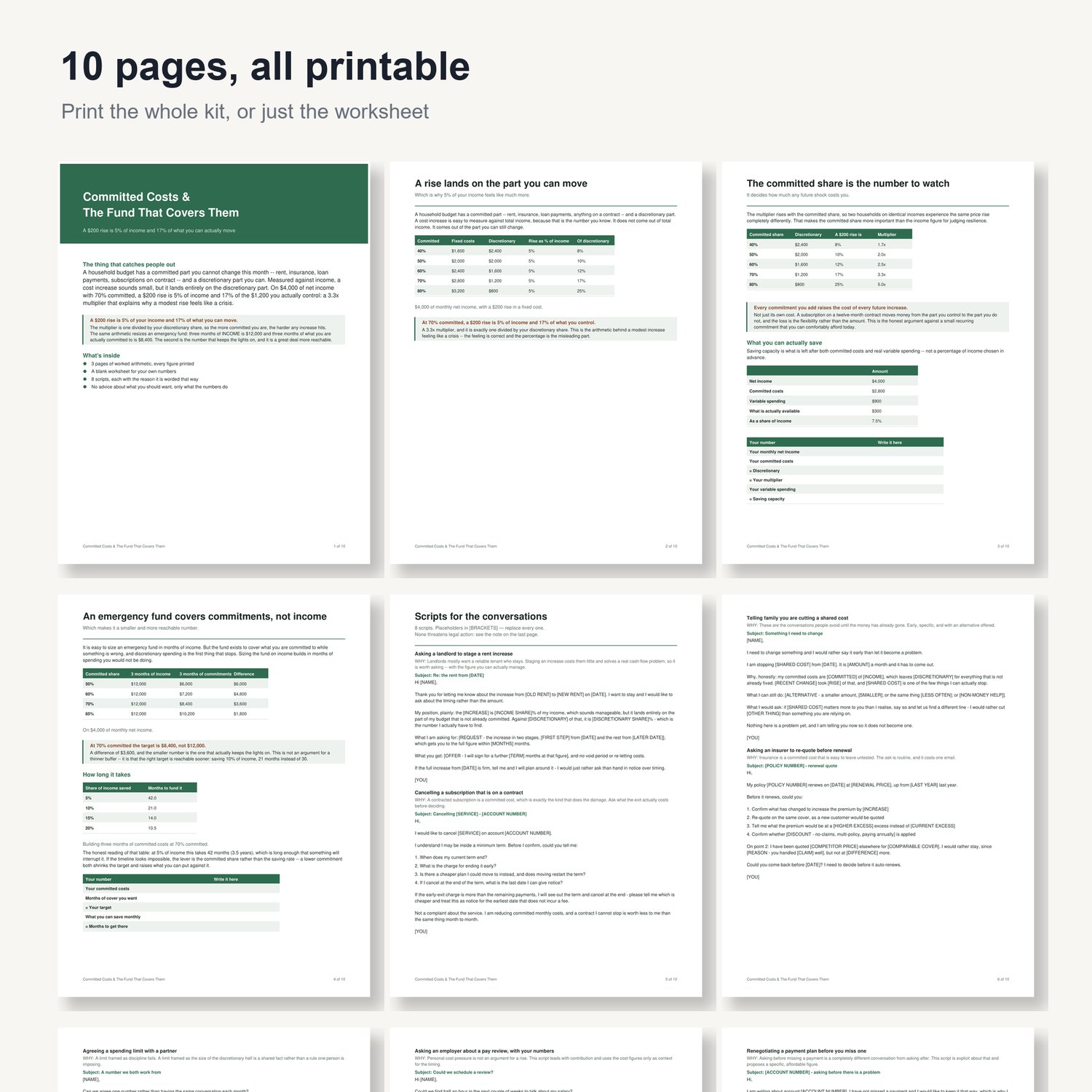 Committed Costs & The Fund That Covers Them: preview grid of all 10 printable pages