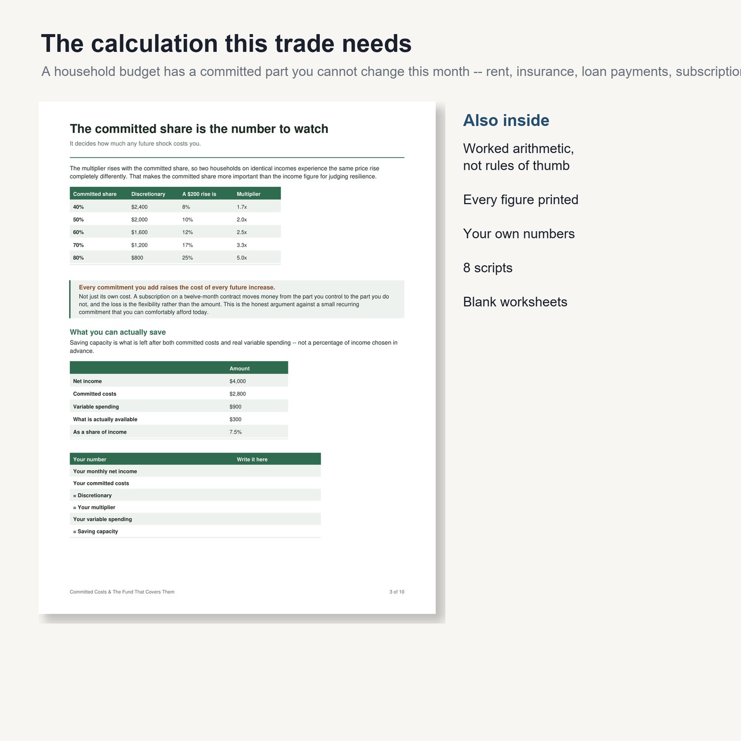 Committed Costs & The Fund That Covers Them: sample page from the printable guide with worked tables