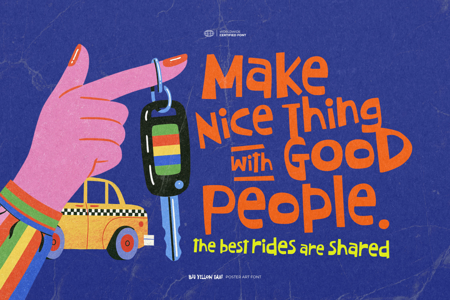 Big Yellow Taxi funky poster art font featuring bold handmade letterforms, organic imperfect shapes, playful retro typography, and colorful vintage New York taxi-inspired artwork.