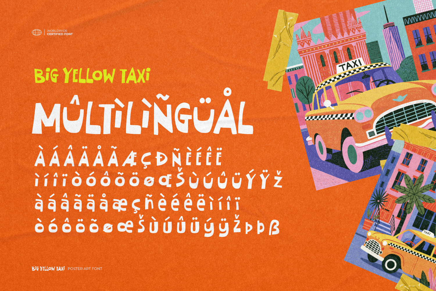 Big Yellow Taxi funky poster art font featuring bold handmade letterforms, organic imperfect shapes, playful retro typography, and colorful vintage New York taxi-inspired artwork.
